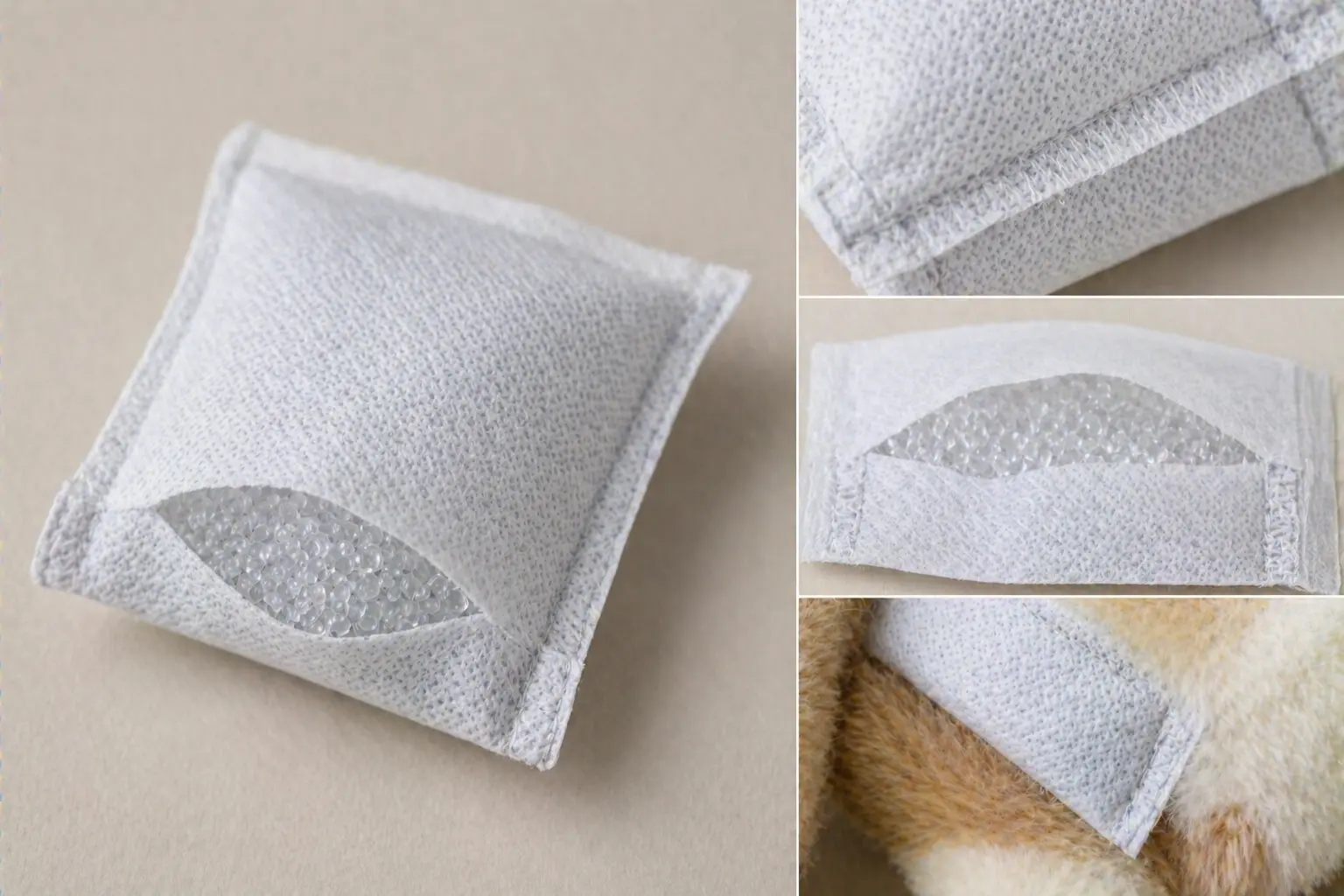 Pellets containment pouch used inside plush products to reduce leakage risk and improve safety