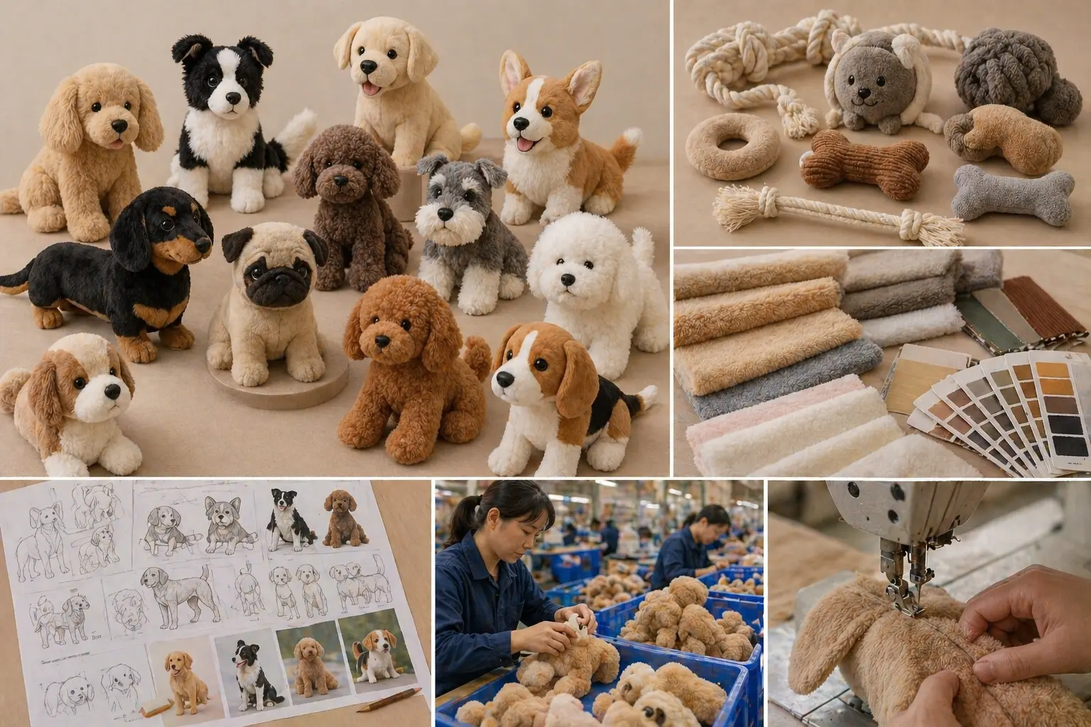 Pet plush toys manufacturing and materials showcase