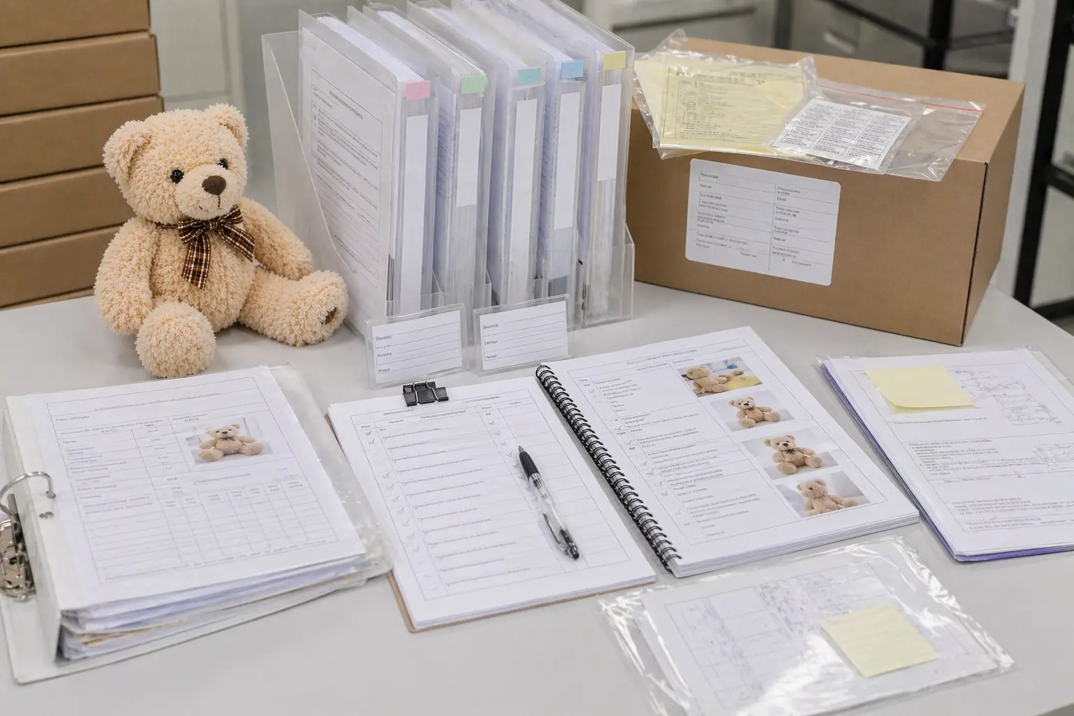 Plush compliance document pack review with labels, reports, packaging notes, and traceability materials