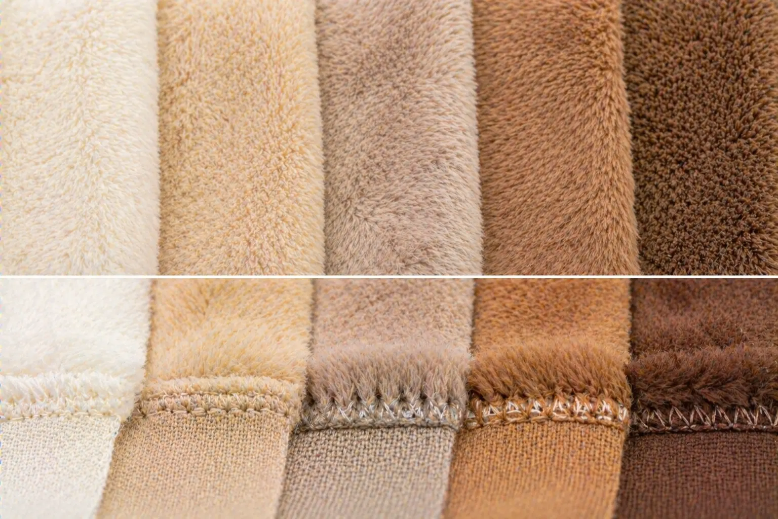 Macro close-up of plush fabric textures showing pile differences, backing structure, and stitch behavior