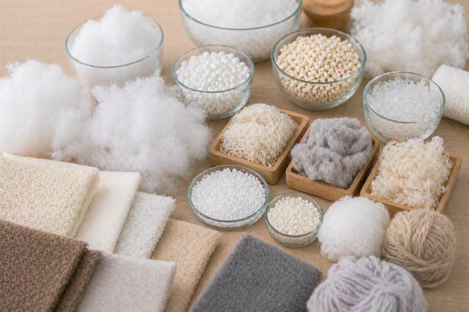 Polyester fiber fill and weighted fill samples used in plush product development