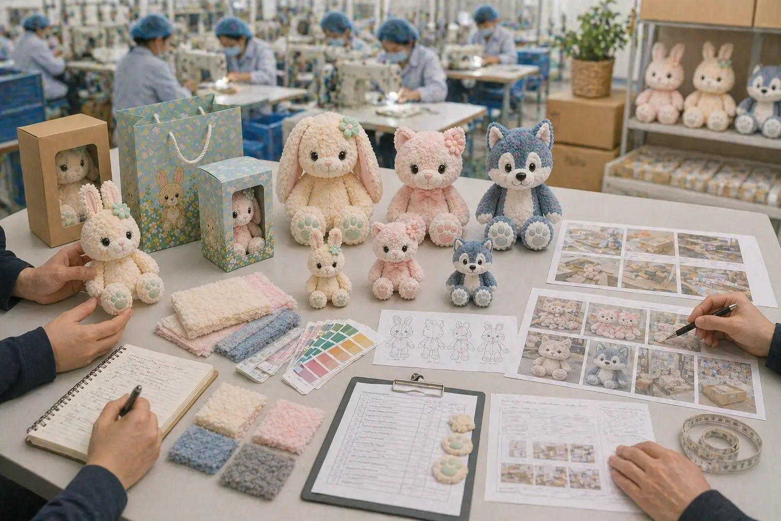 Plush manufacturing process scene showing samples, sewing workflow, quality review, and packaging planning materials