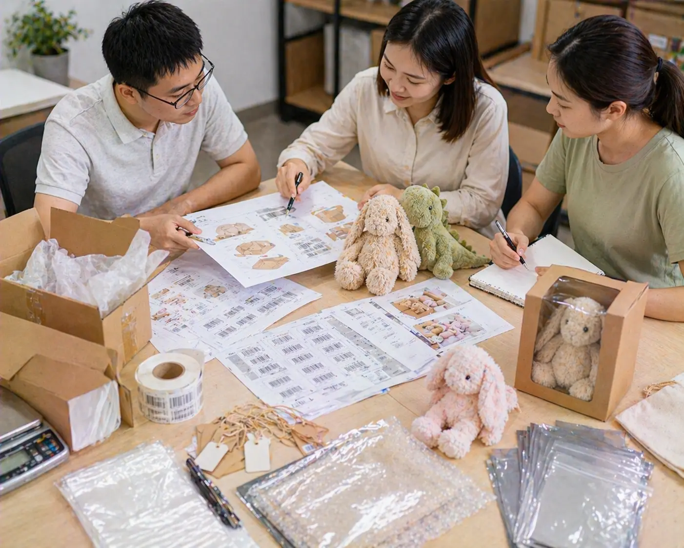 Plush packaging workflow review with carton planning, labels, barcodes, and protective packing materials