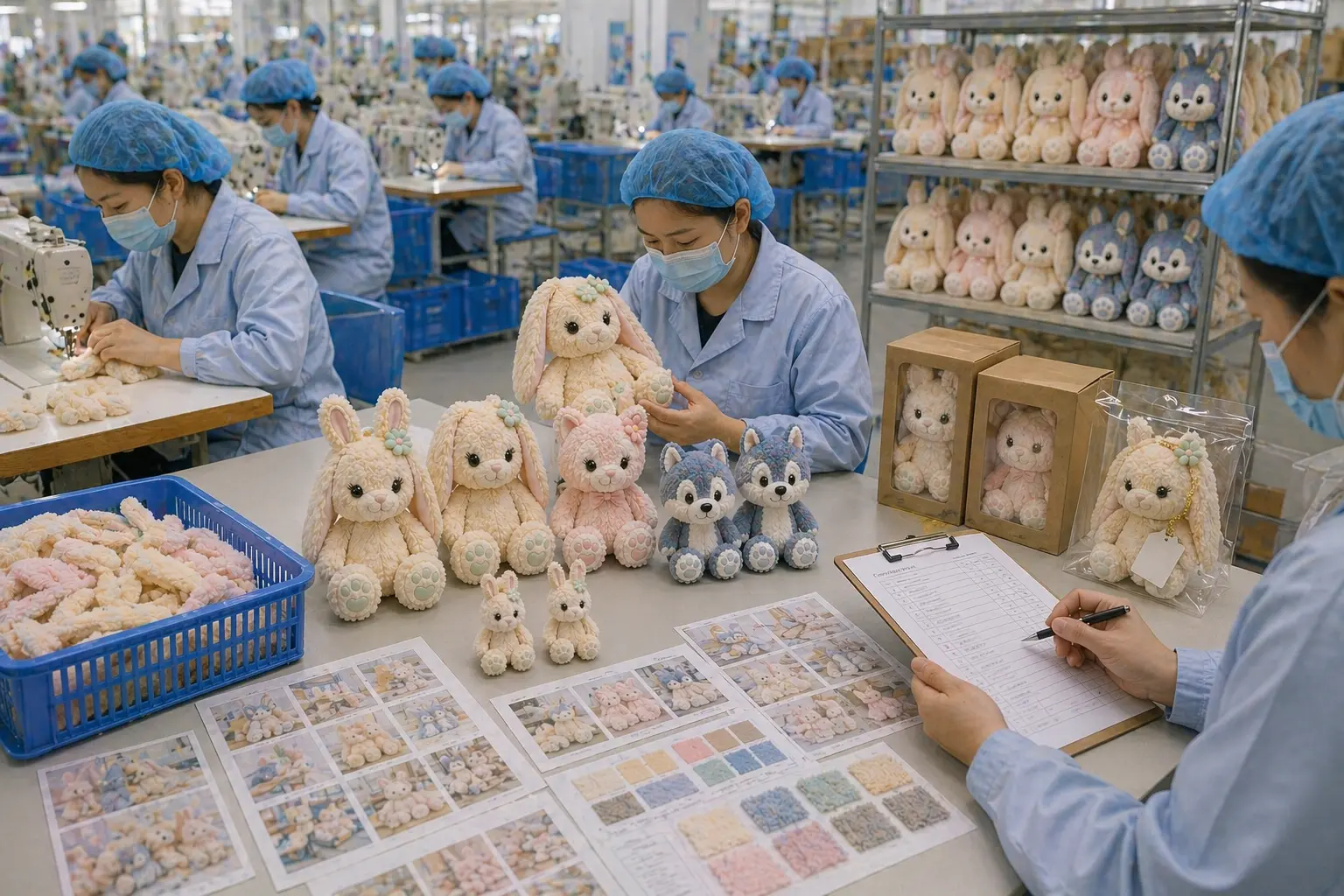 Plush production and quality control workflow showing sewing, inspection, and packaging review