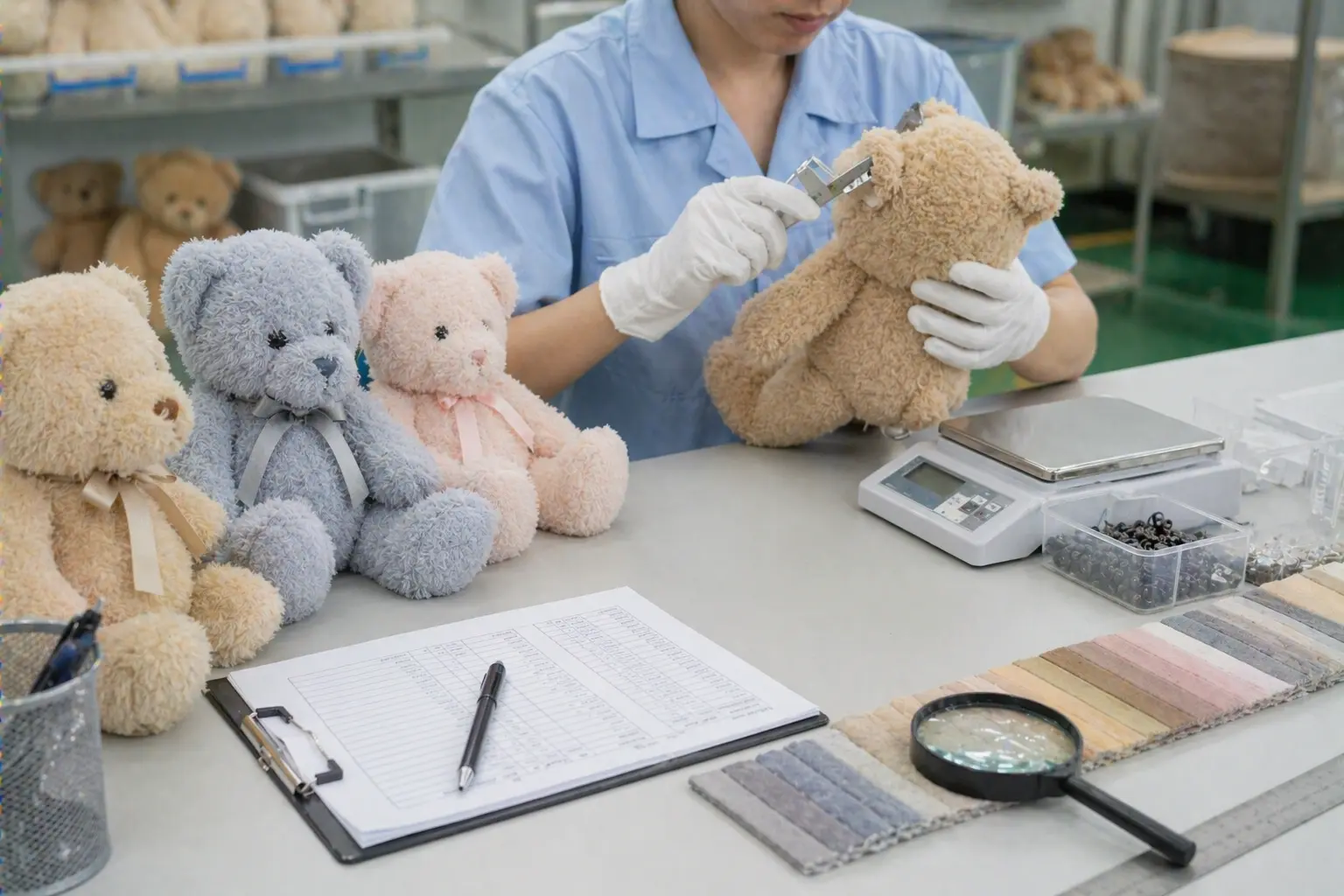QC technician performing plush toy safety checks and documentation review