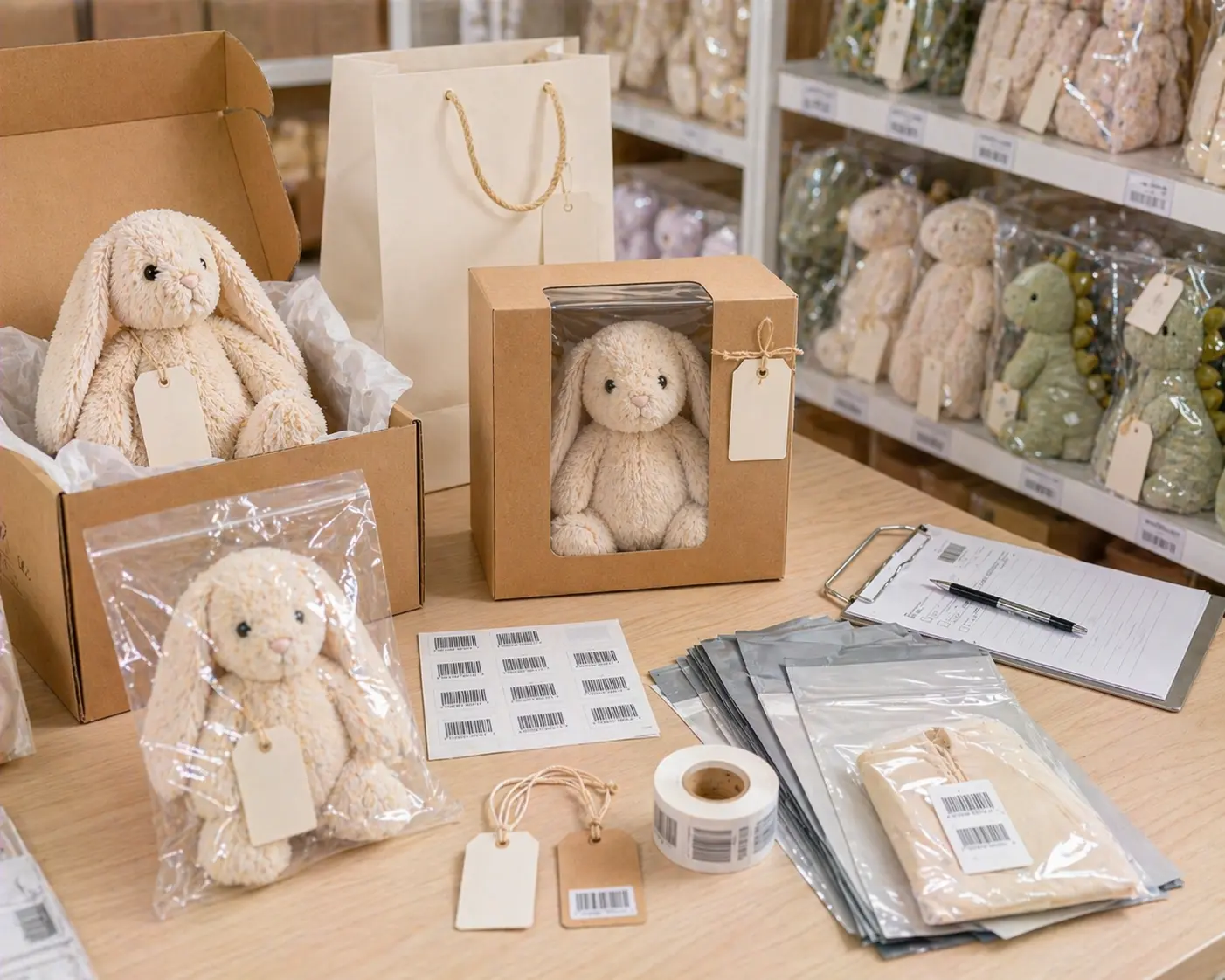 Retail plush packaging with hangtags, barcode labels, and shelf-ready packaging details