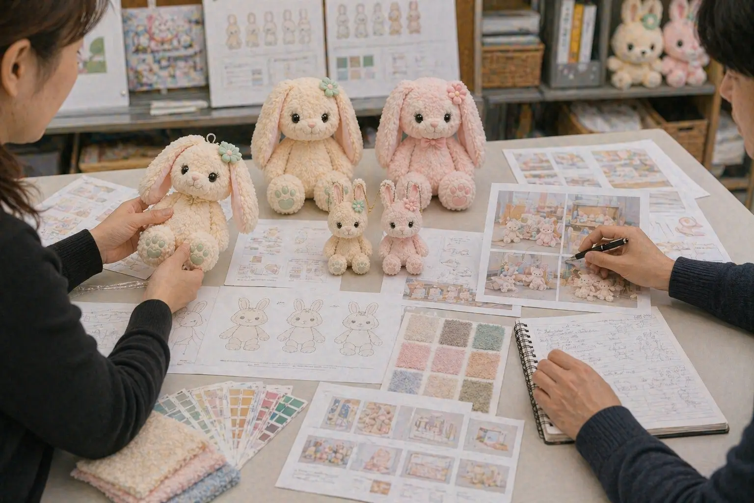 Plush sample development review with prototype, pattern references, and approval notes