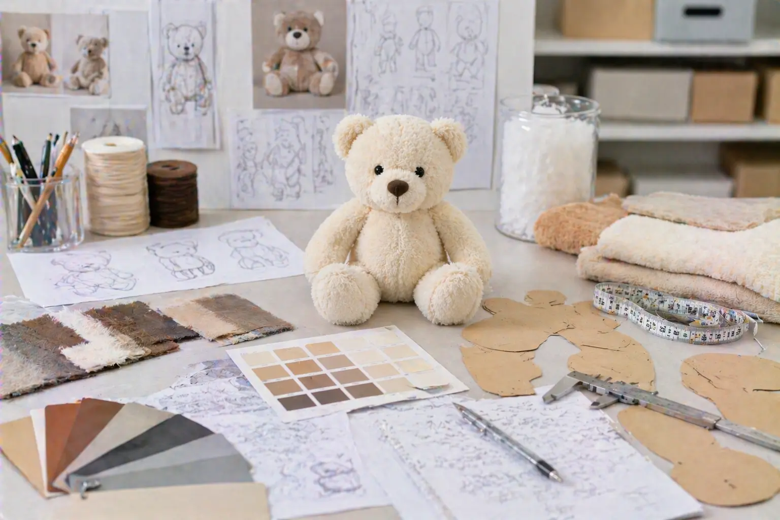 Plush sample development workspace with concept sheets, prototype plush toy, fabric swatches, and technical notes