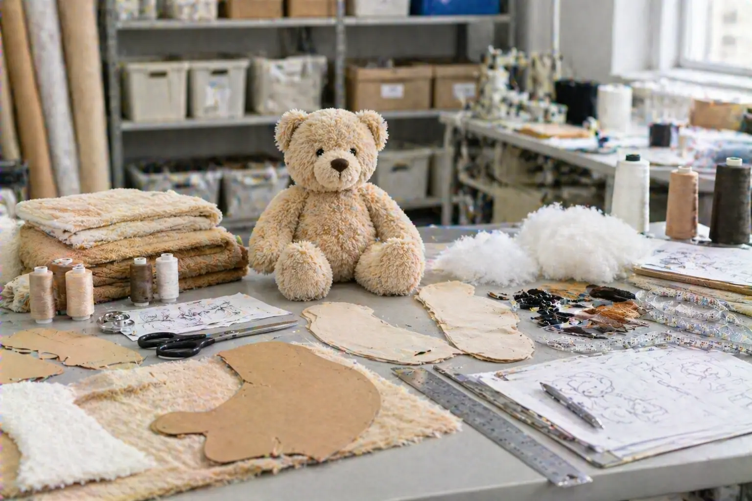 Sampling workbench with plush prototype, paper patterns, fabric swatches, and technical notes