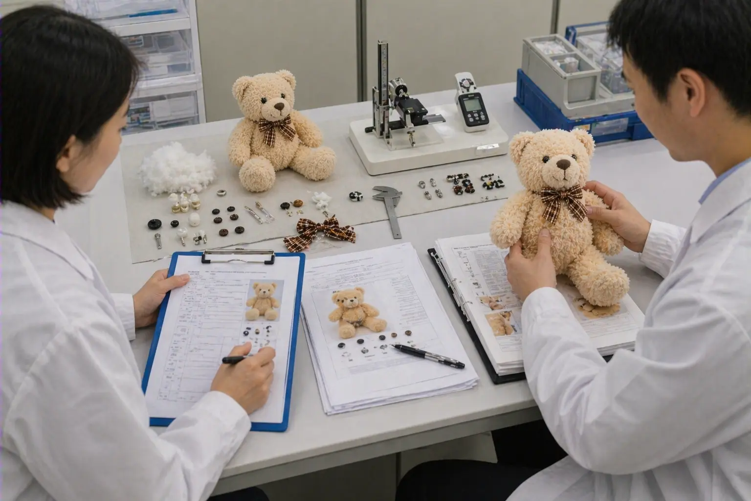 Plush toy compliance review scene showing test preparation, product inspection, and documentation workflow