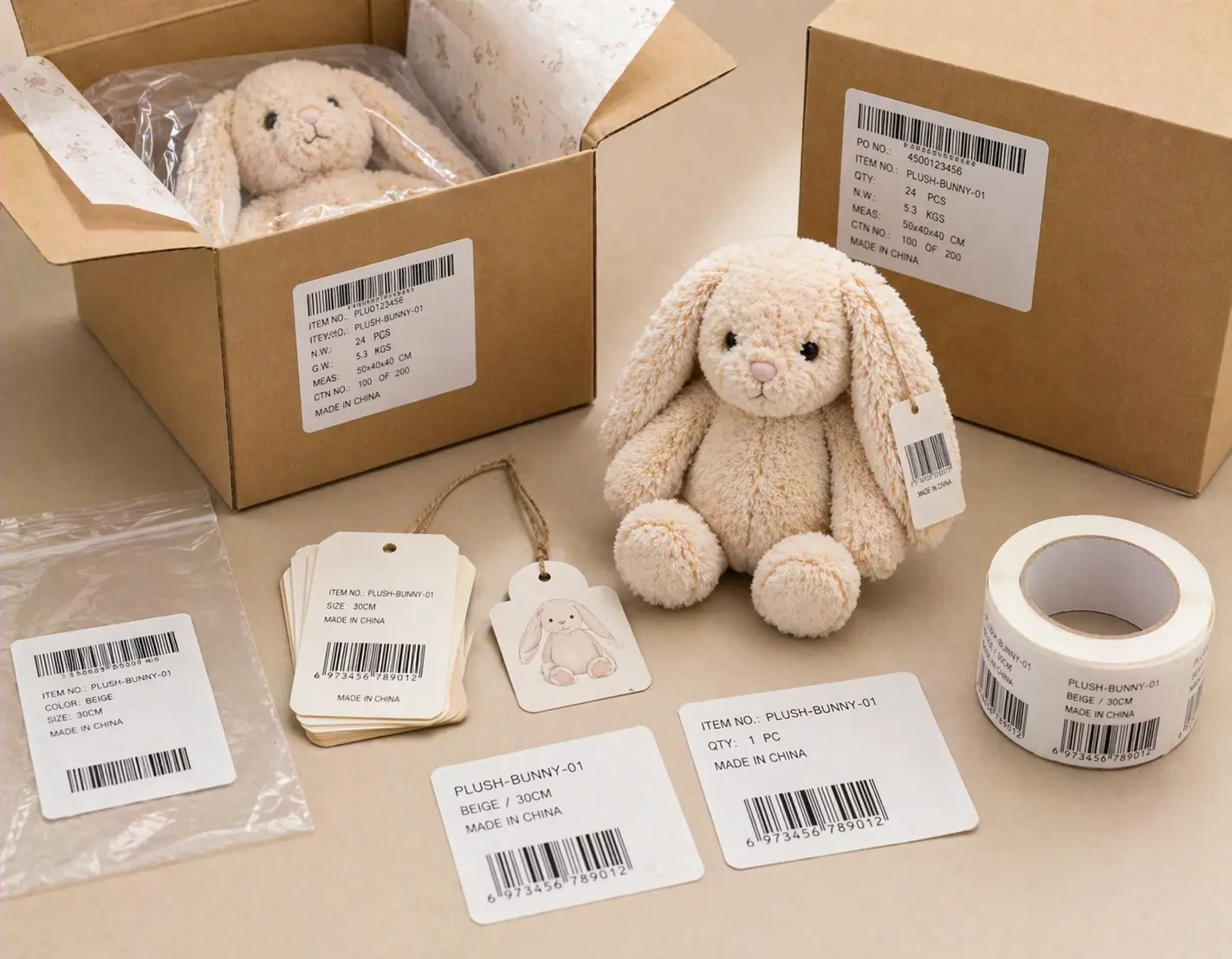 Compliance labels and barcode labeling set for plush packaging