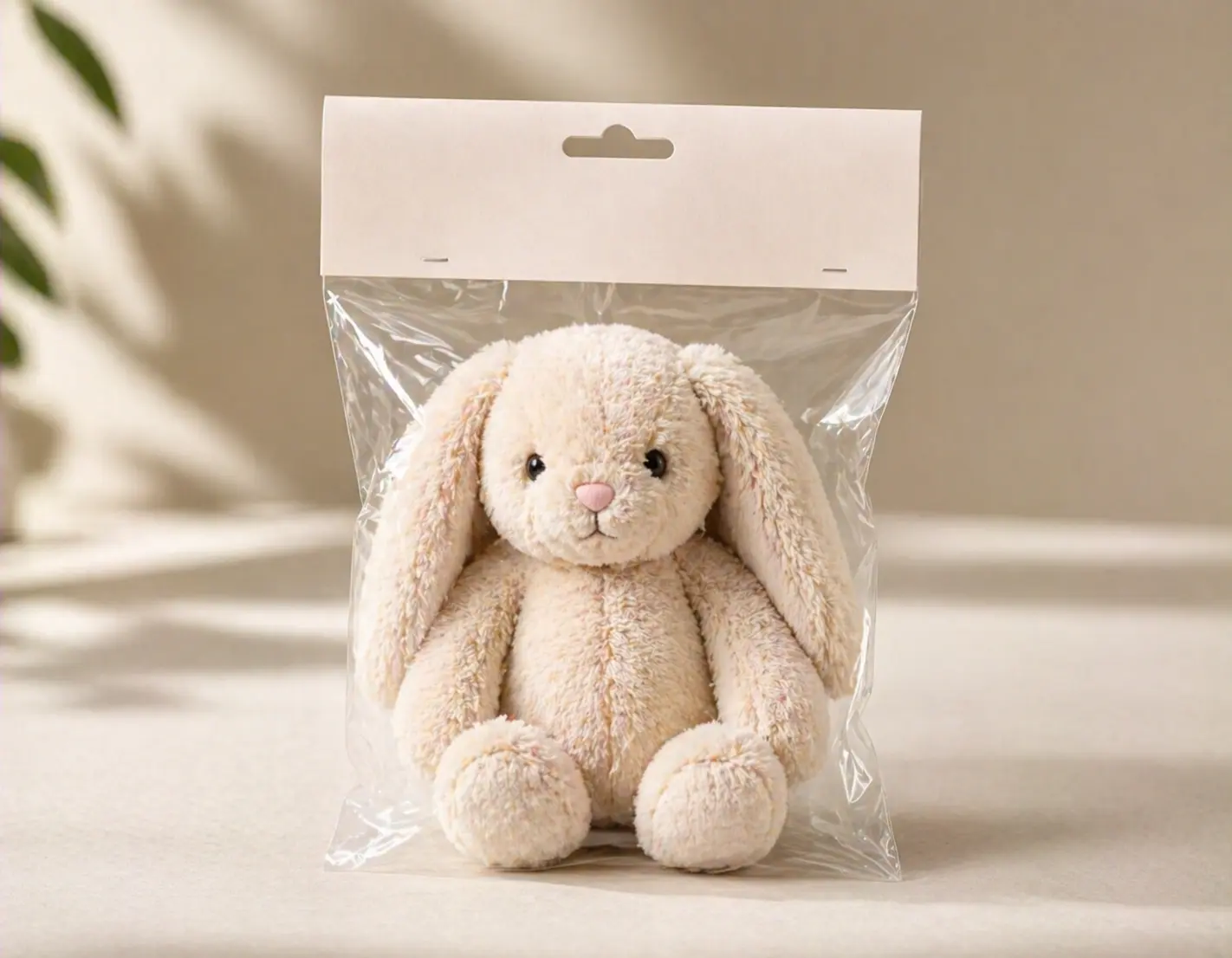 Retail poly bag with header card packaging for plush products