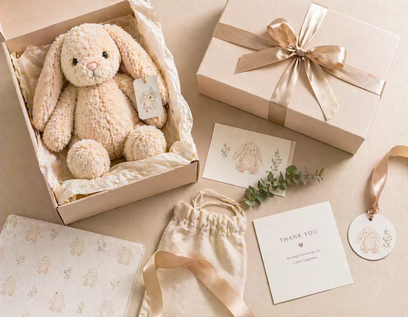 Premium plush unboxing flatlay with insert, tissue, and thank-you card