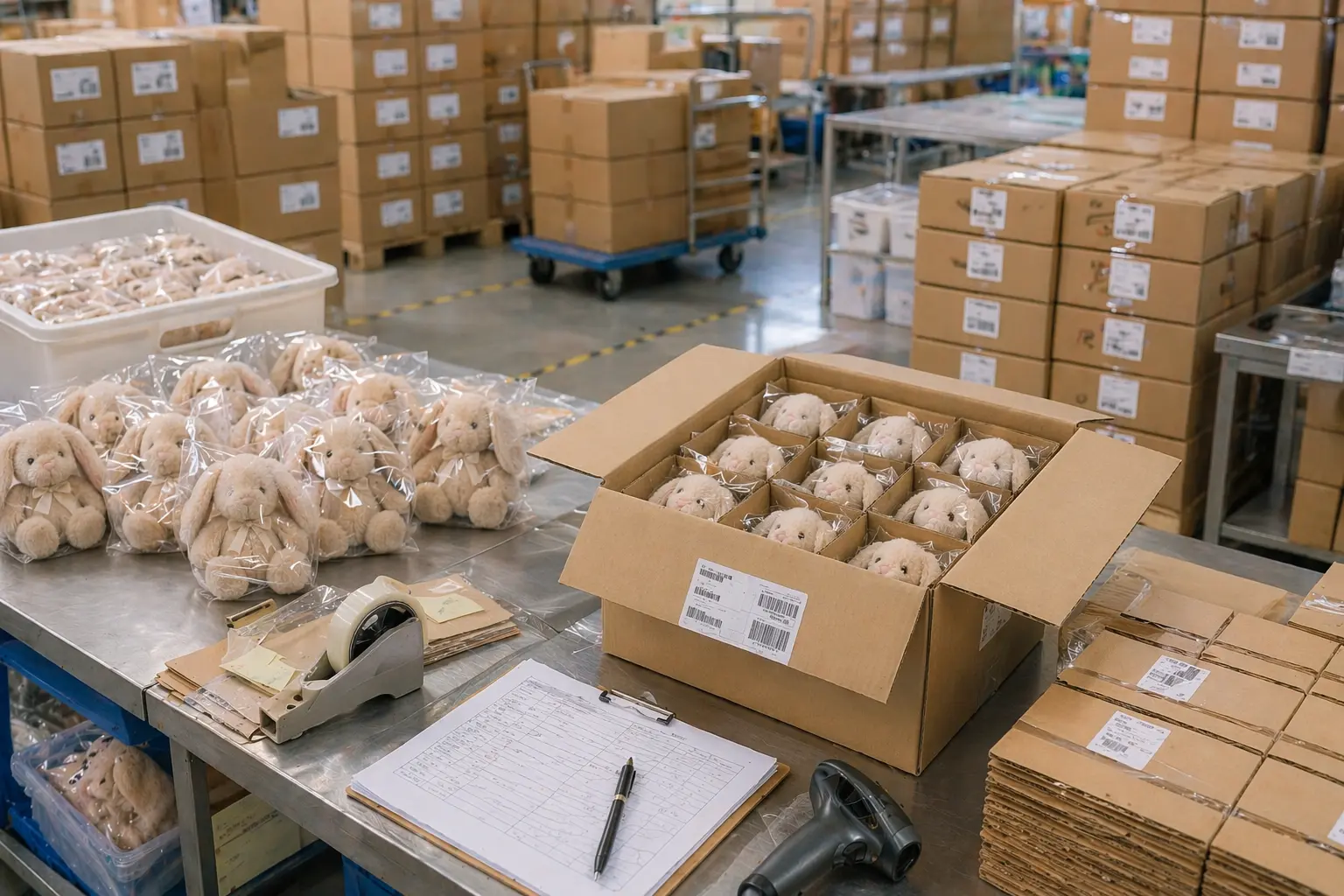 Bulk production and shipment preparation for plush products