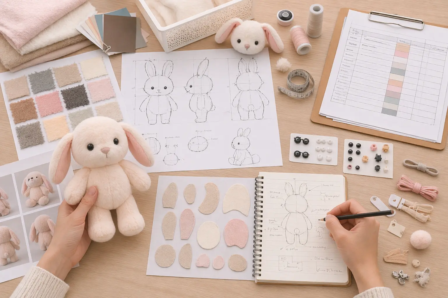 Design and engineering review for custom plush development with fabric swatches, trims, and technical planning materials