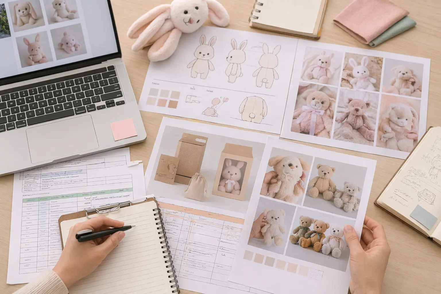 Buyer project intake desk for plush manufacturing with artwork references, packaging notes, and requirement documents