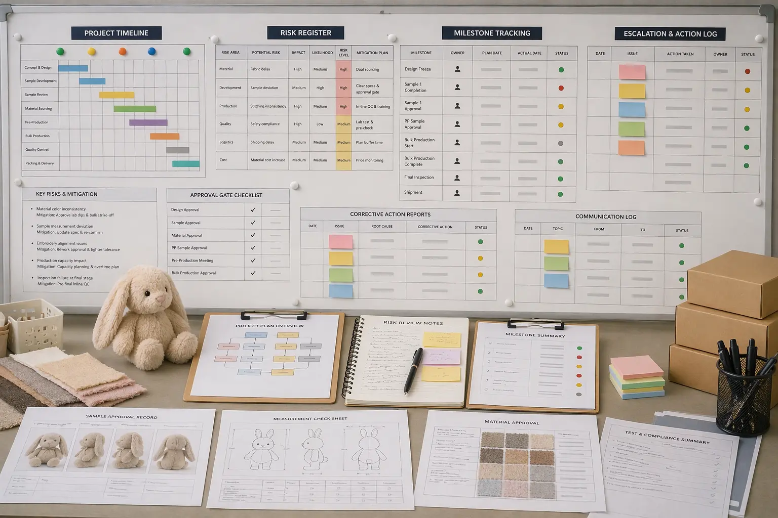 Business planning and project management board for plush manufacturing with timeline and delivery notes