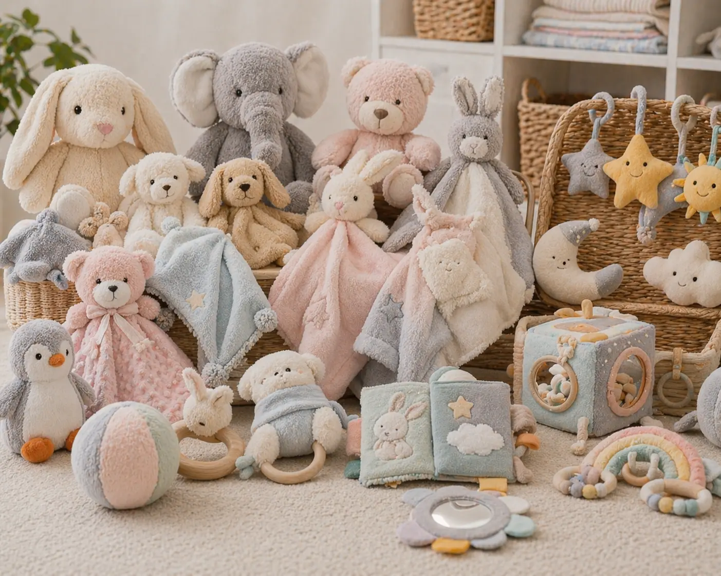 Baby and kids plush products including comfort items, soft books, and sensory plush