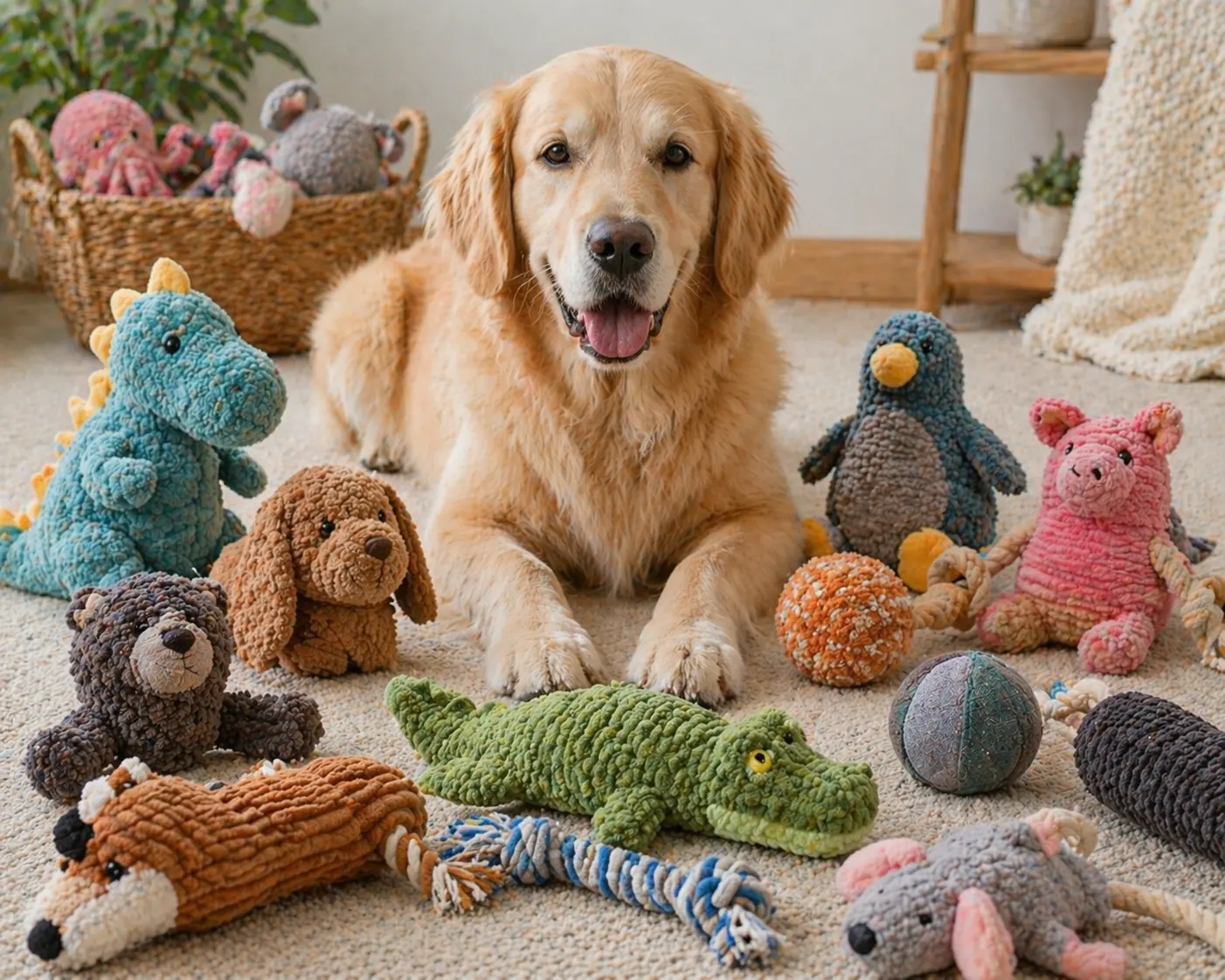 Pet plush toys with durable fabrics, reinforced seams, and optional squeaker modules