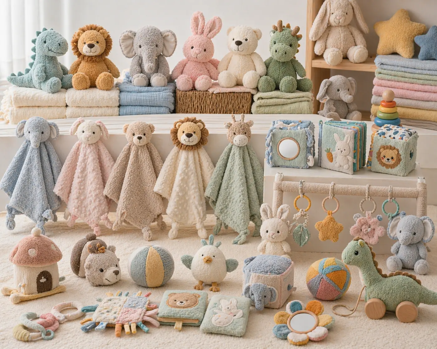 Baby and kids plush product range showing comfort items and soft activity products