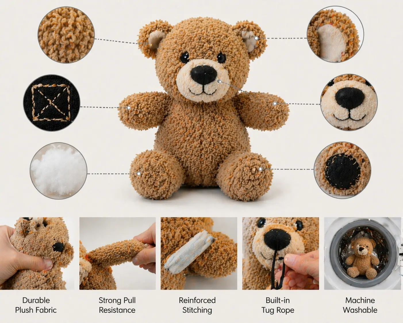 Pet plush toy detail showing durable construction and reinforced design