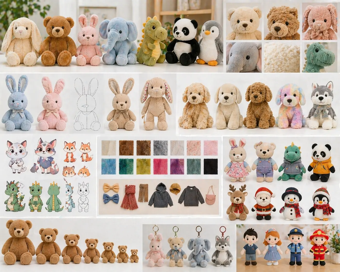 Detailed plush toys assortment showing multiple styles and customization directions