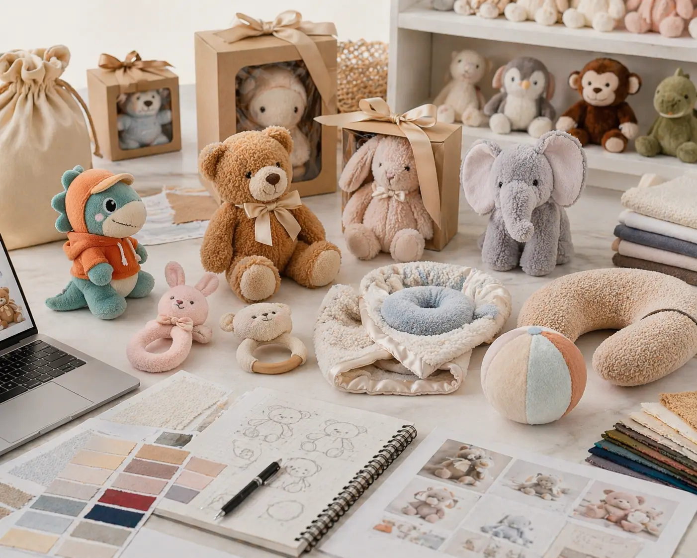Plush product category overview with multiple plush types, packaging samples, and product planning references