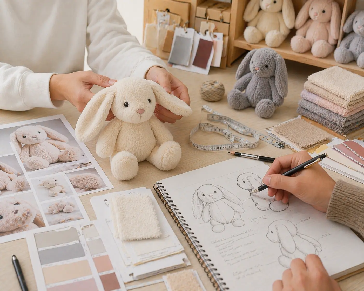 Plush sample development scene with product references, materials, and development notes
