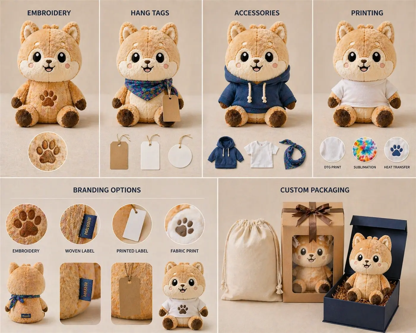Branding options for promotional plush products including embroidery tags accessories and packaging