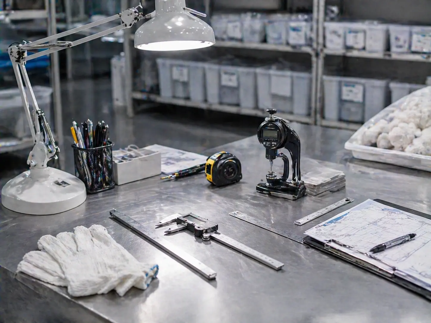 QC inspection workbench with measuring tools