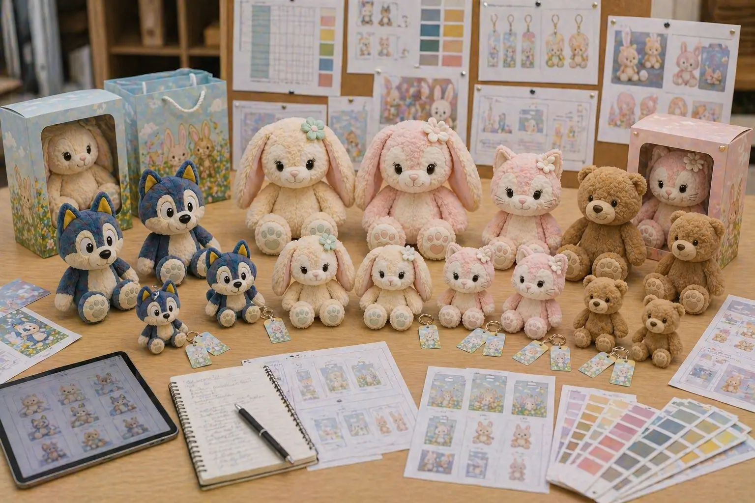 Retail plush category planning session showing product mix, packaging samples, and launch preparation materials