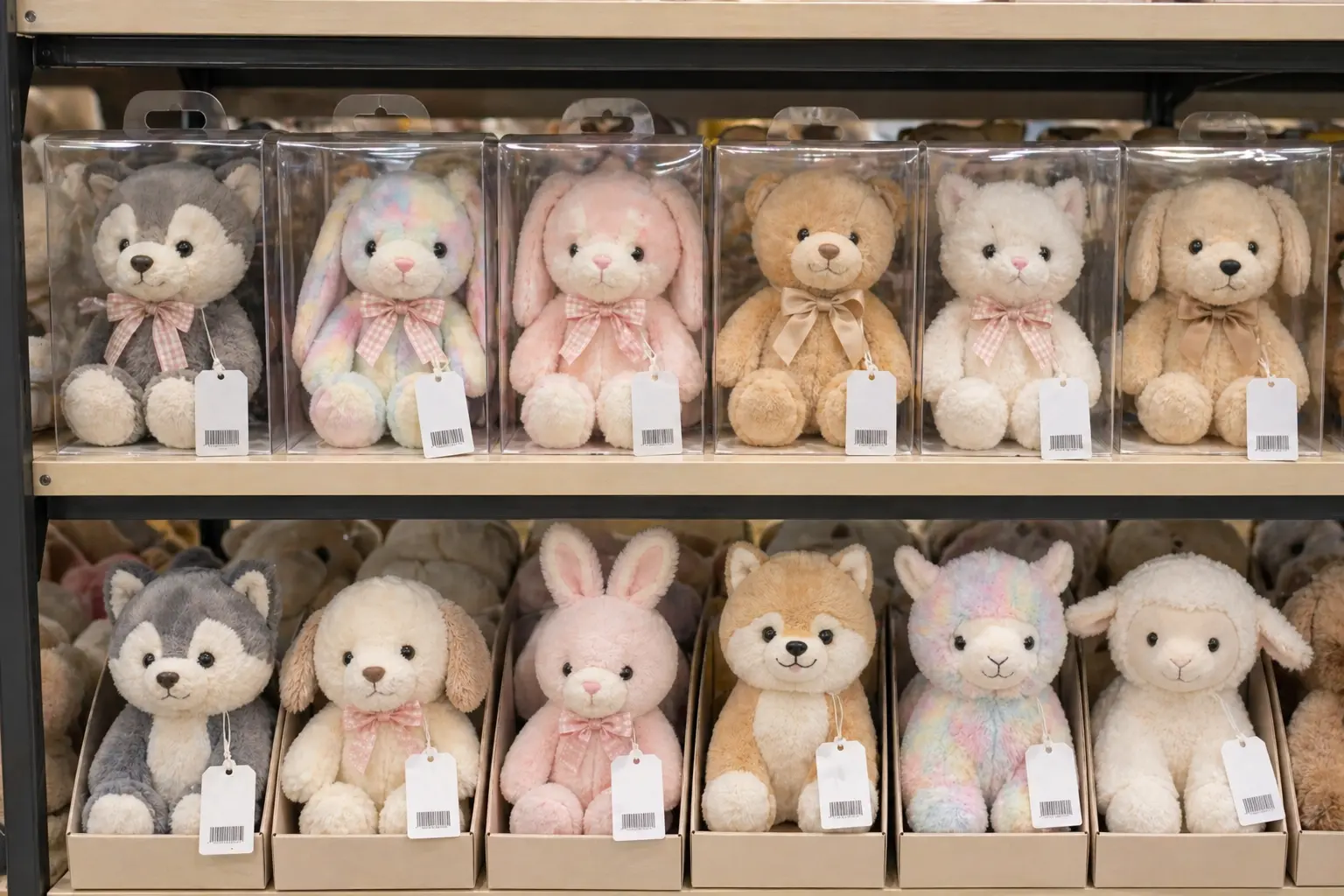 Shelf-ready plush packaging with retail tags and barcode labels