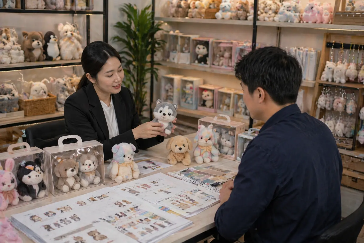 Retail plush program display with packaged plush products, assortment planning, and retail presentation