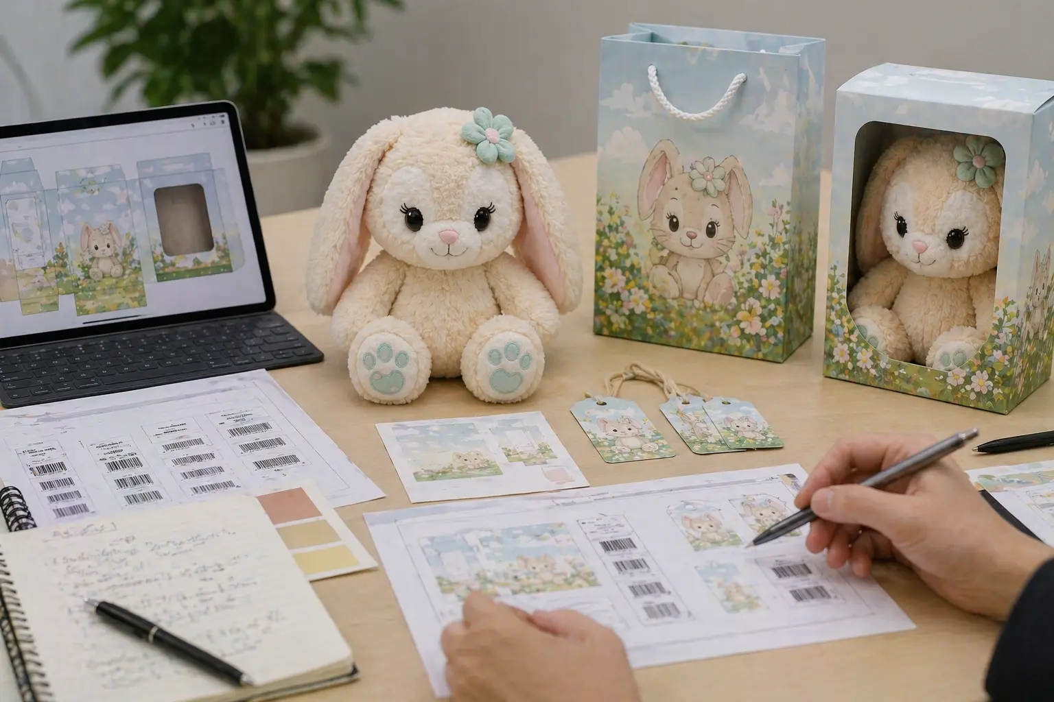 Retail plush packaging review with hangtags, labels, and barcode placement discussion