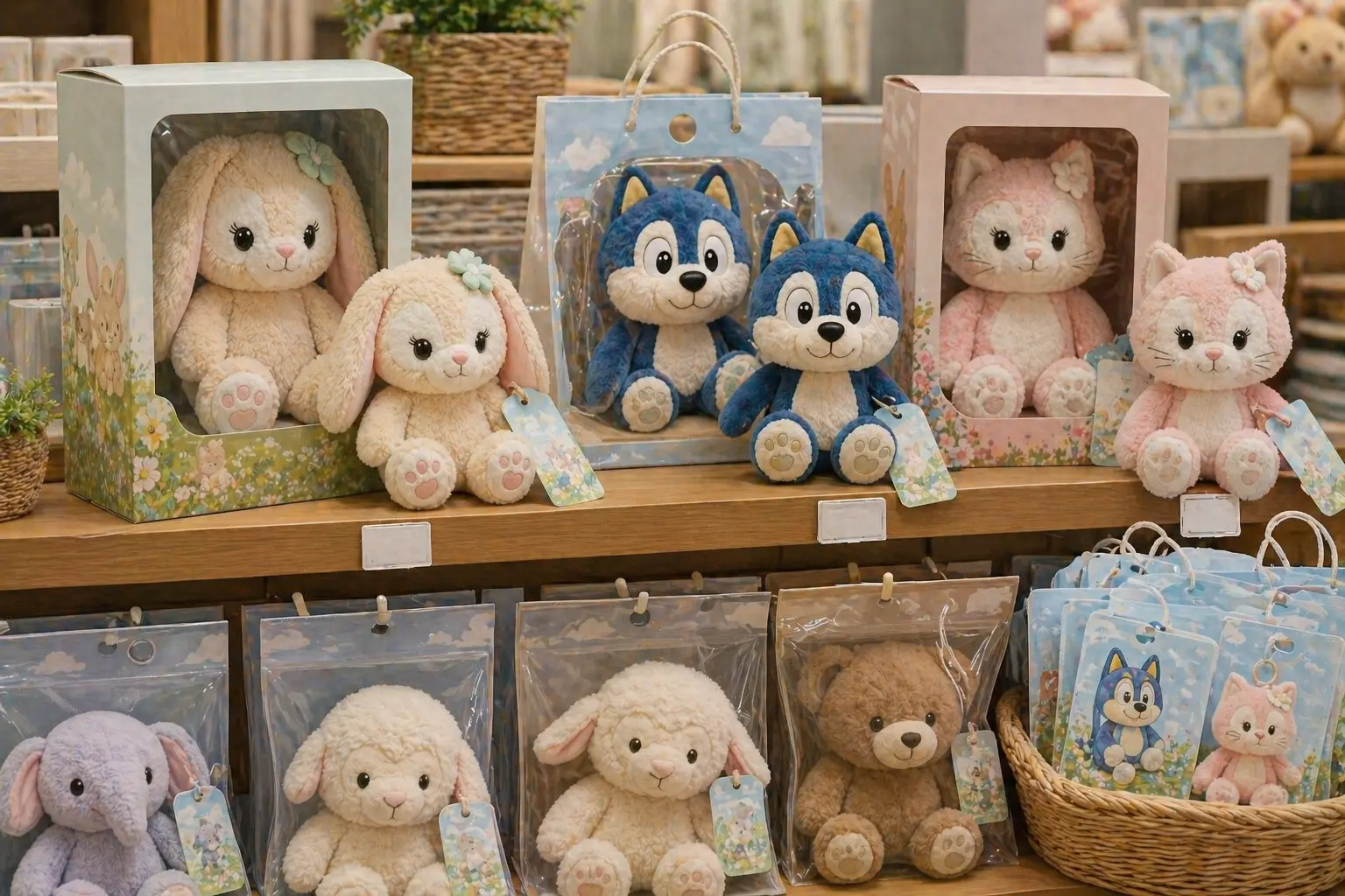 Retail-ready plush products displayed with packaging, tags, and shelf presentation for store programs