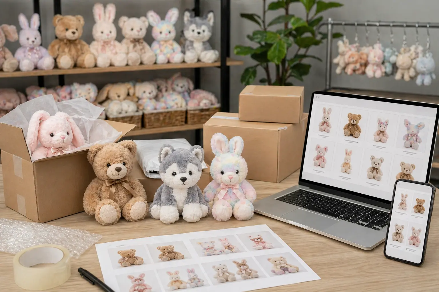 E-commerce plush packaging and digital retail presentation