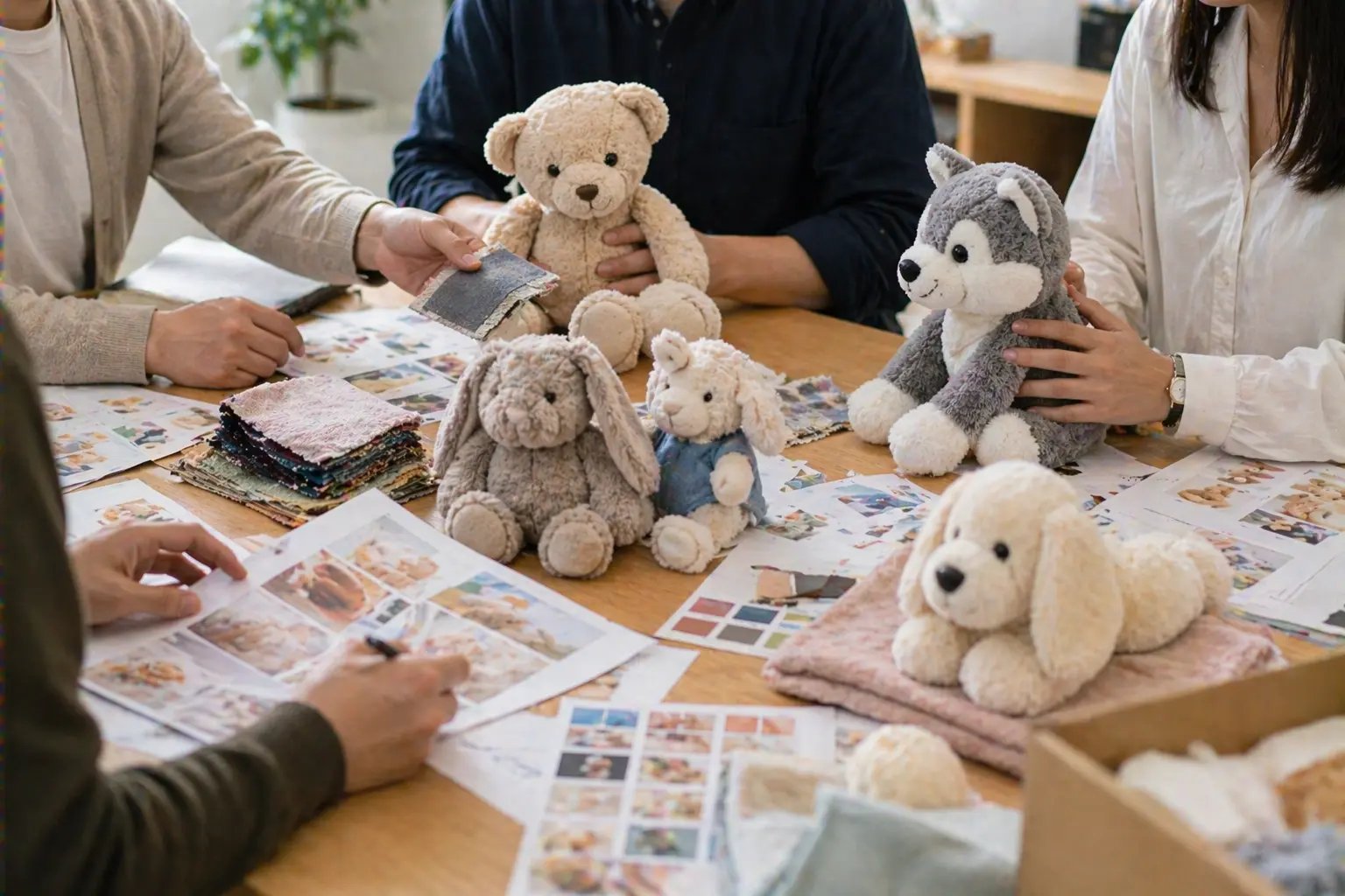 Sample request and product evaluation scene with plush products and project materials