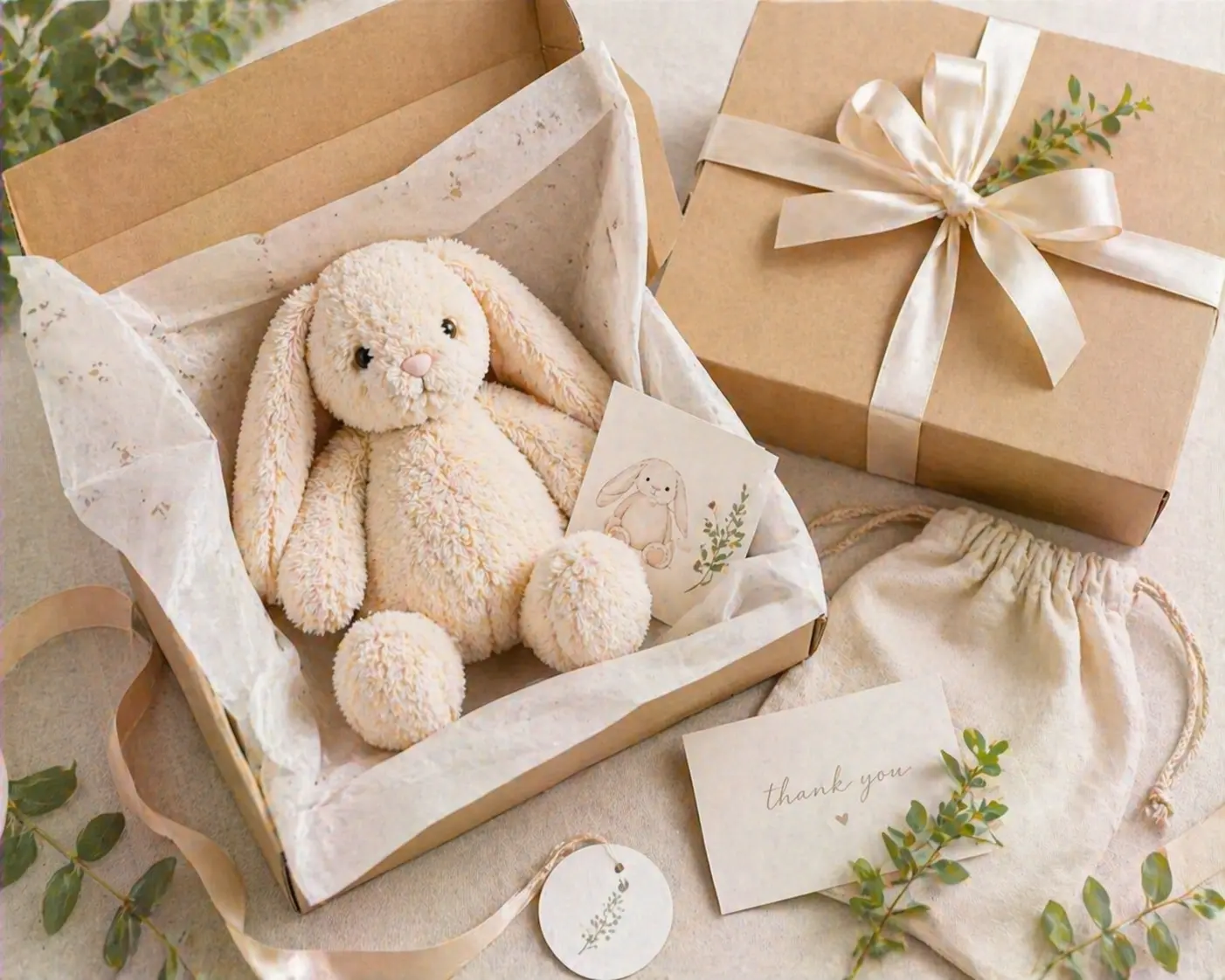 Social-media-ready plush product unboxing flatlay