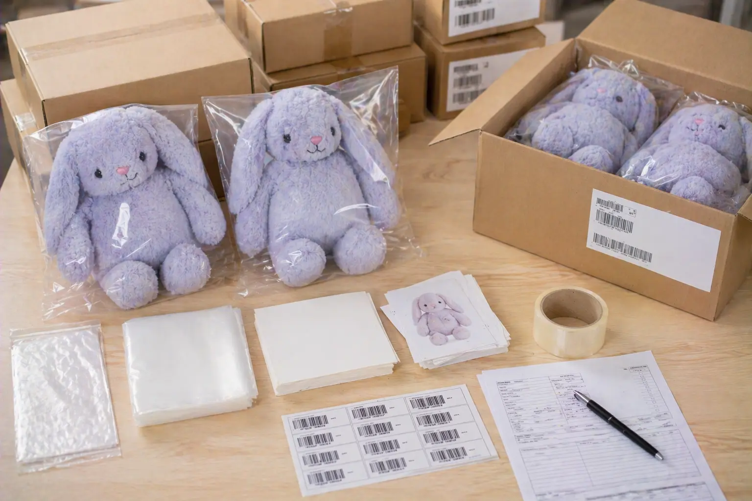 Standard plush packaging set with poly bags, cartons, inserts, and labels