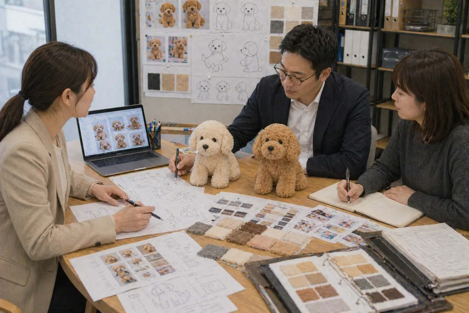 Plush manufacturing project planning with samples, sketches, and workflow materials