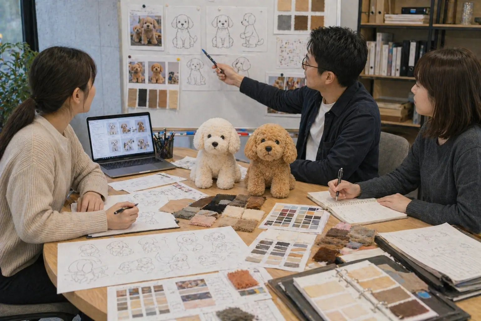 Project kickoff scene for plush product development with materials, sketches, and manufacturing planning