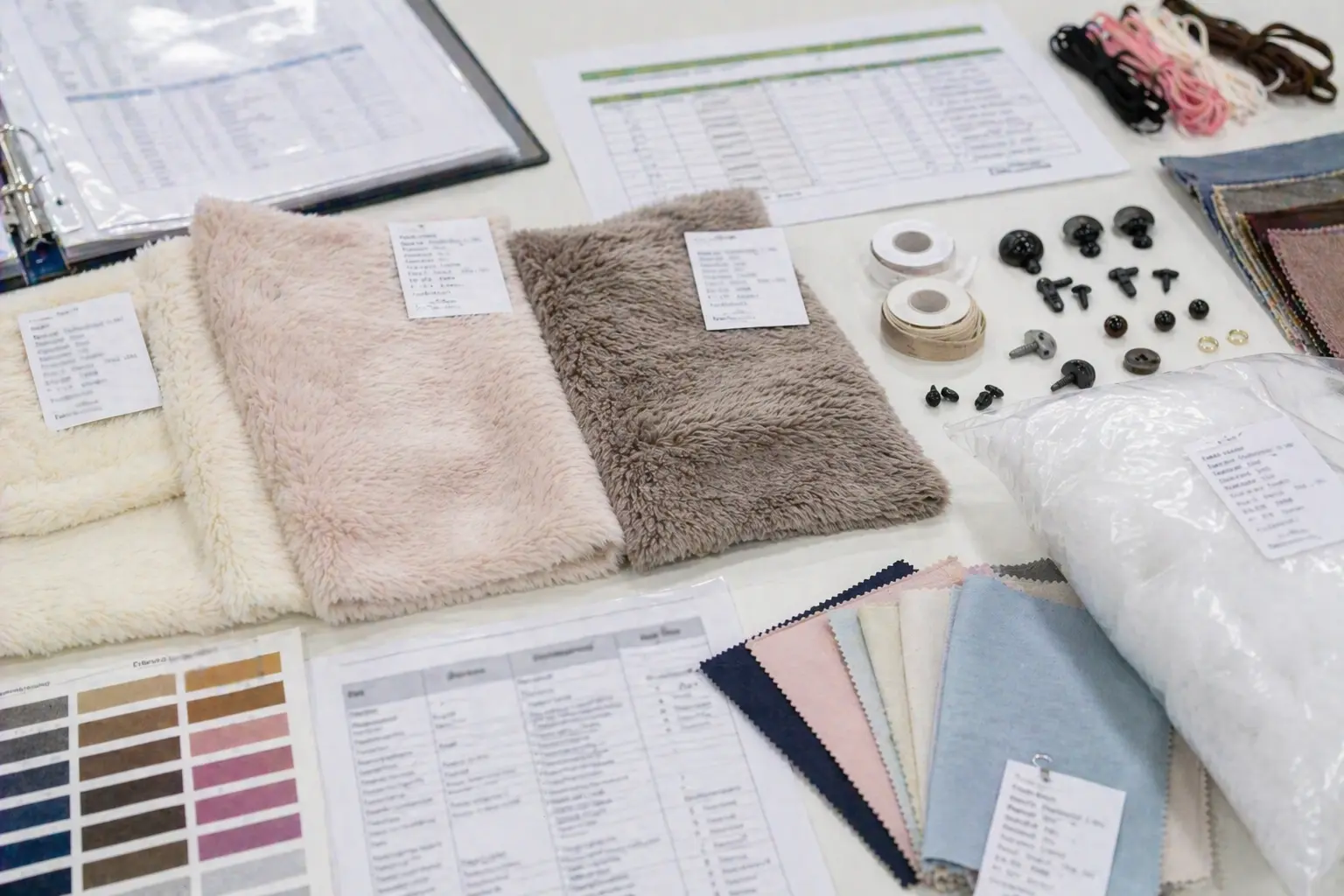 Material options, fabric references, and compliance-related label samples for plush manufacturing