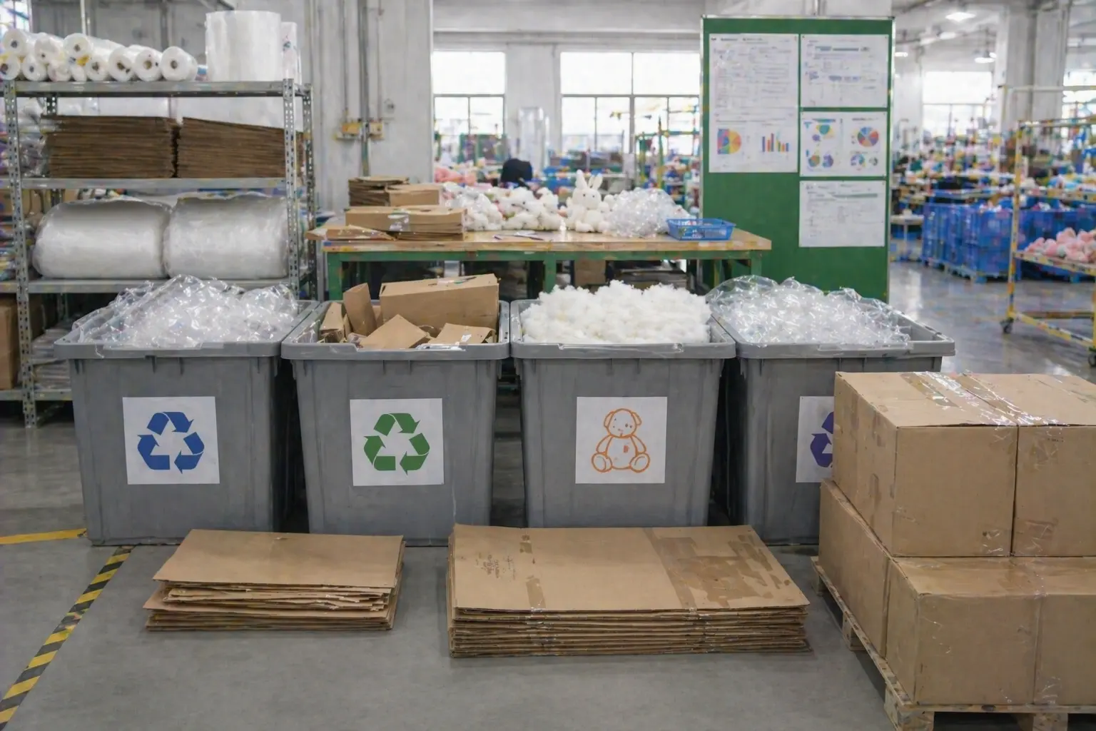 Factory waste sorting, packaging reduction efforts, and recyclable packing workflow