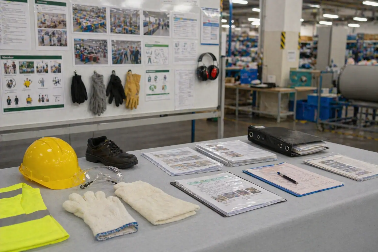Worker safety training, PPE practices, and factory compliance briefing scene