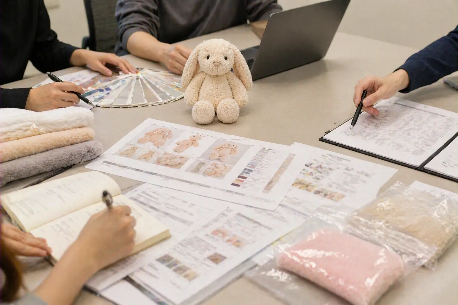Project coordination meeting with plush sample review, documents, and timeline discussion