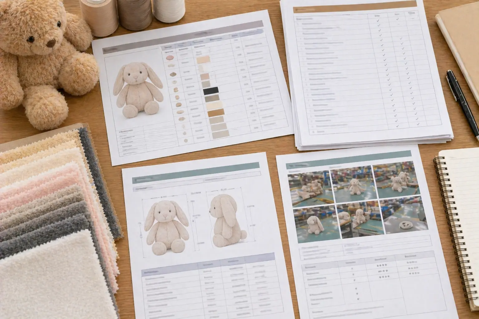 Sampling workbench with plush materials, patterns, trims, and prototype review notes