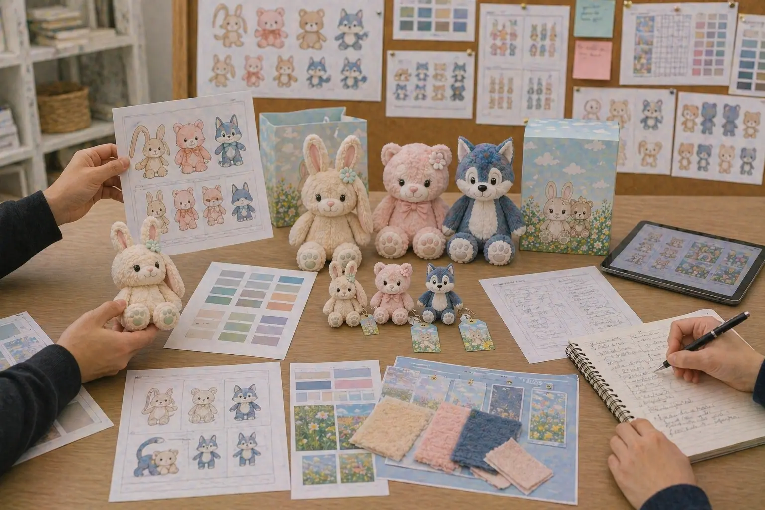 Toy brand plush development process showing design discussion, product references, and development planning workflow
