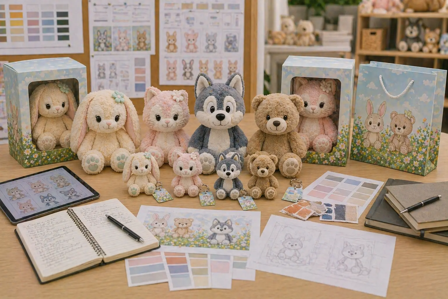 Plush toy brand OEM and ODM development scene with plush samples, packaging references, and collection planning materials
