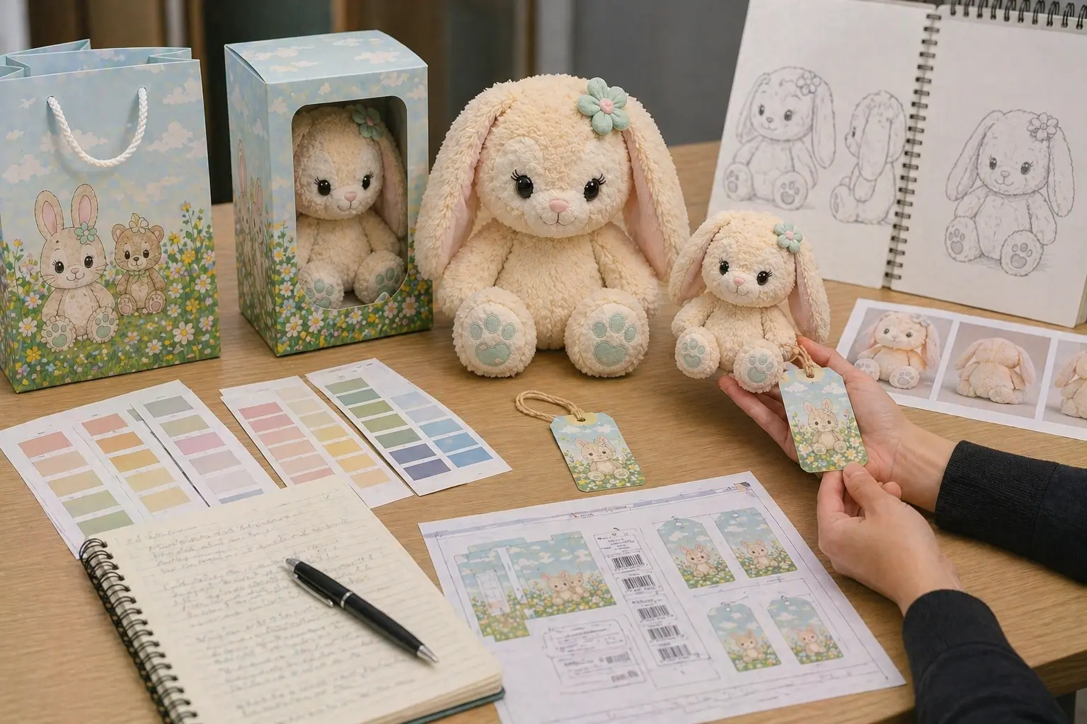Plush sample and packaging review for toy brand project with tags, materials, and product notes