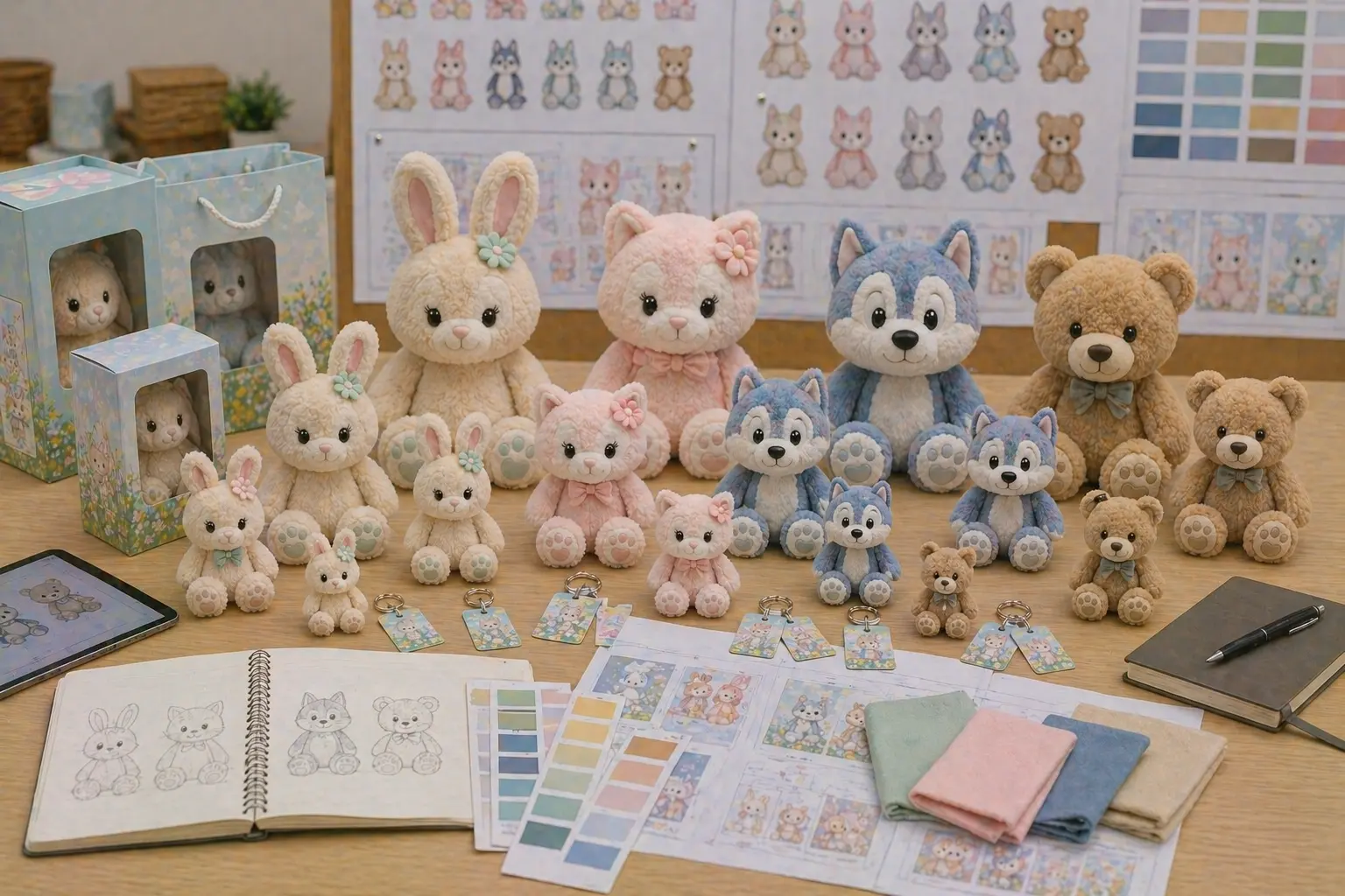 Toy brand plush collection planning with multiple characters, sizes, and coordinated product line layout